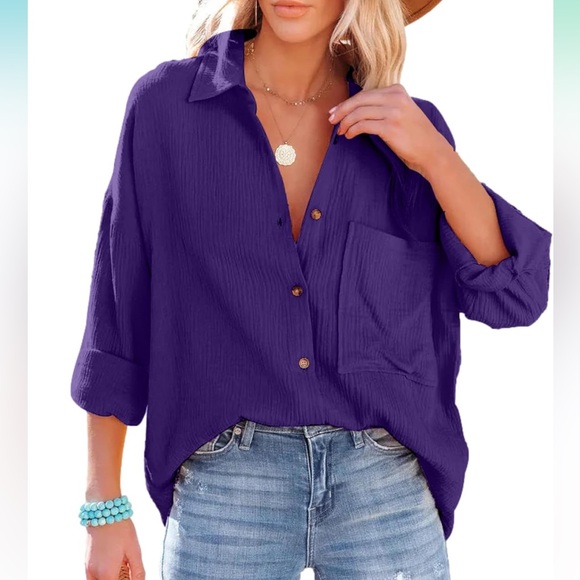 Oversized Button Down Shirts for Women Cotton Boyfriend Long Sleeve Work Blouse - Picture 1 of 6